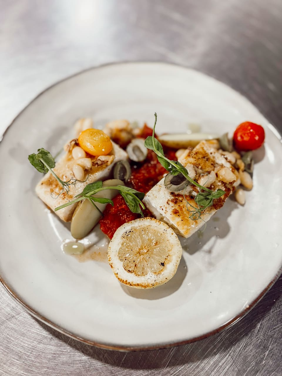 Seared cod white beans